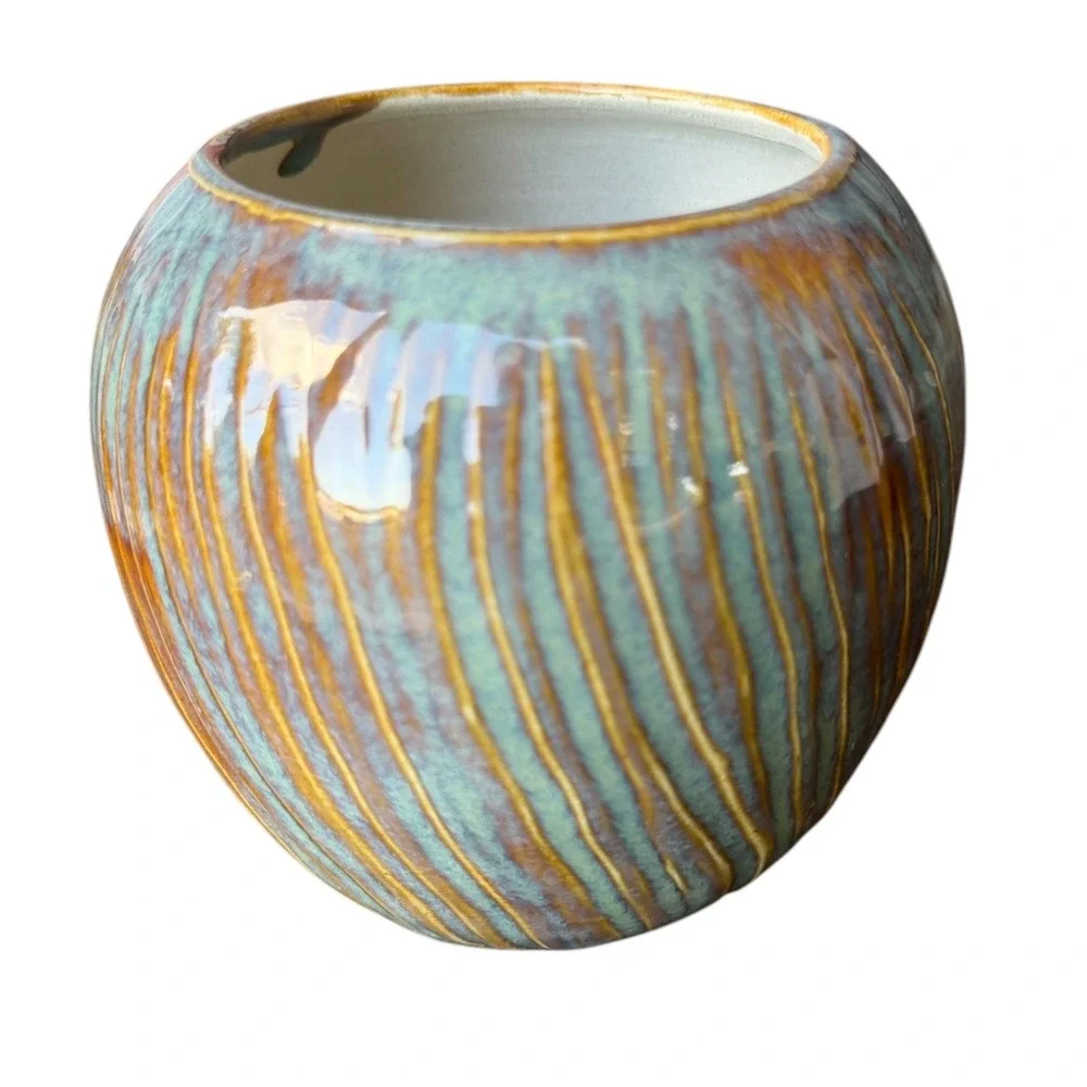 Handmade Studio Pottery Planter Vase Teal Amber Reactive Glaze Ribbed Pottery